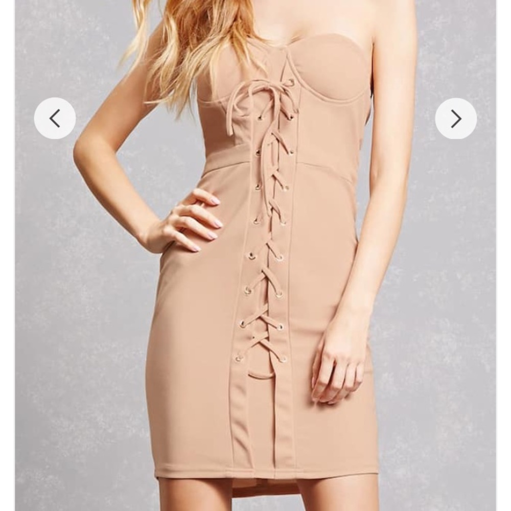 Lace up, corset style strapless nude dress